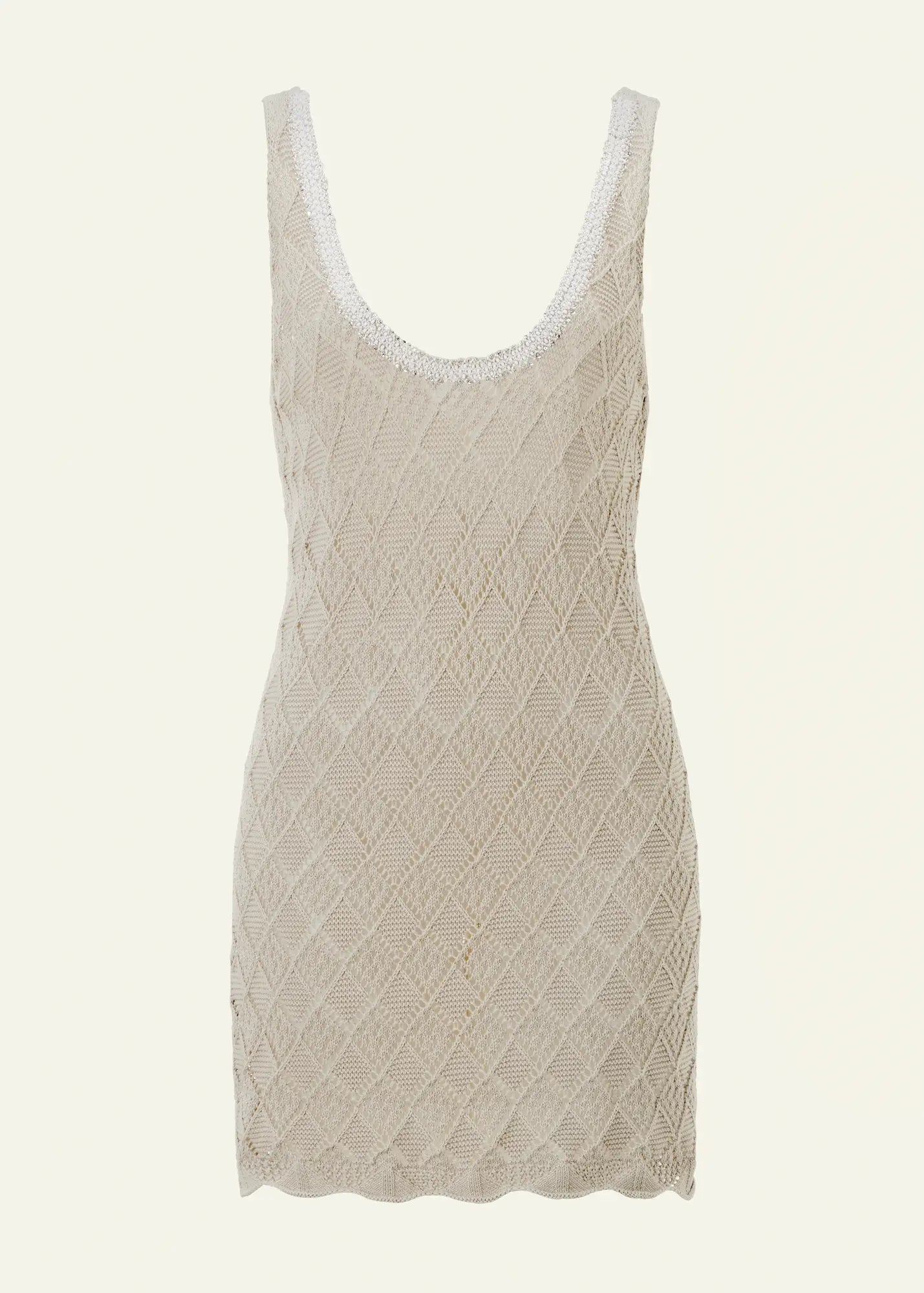 Luxury designer knit dress by Ondara crafted from premium cotton with intricate openwork knit and exquisite hand embroidery.