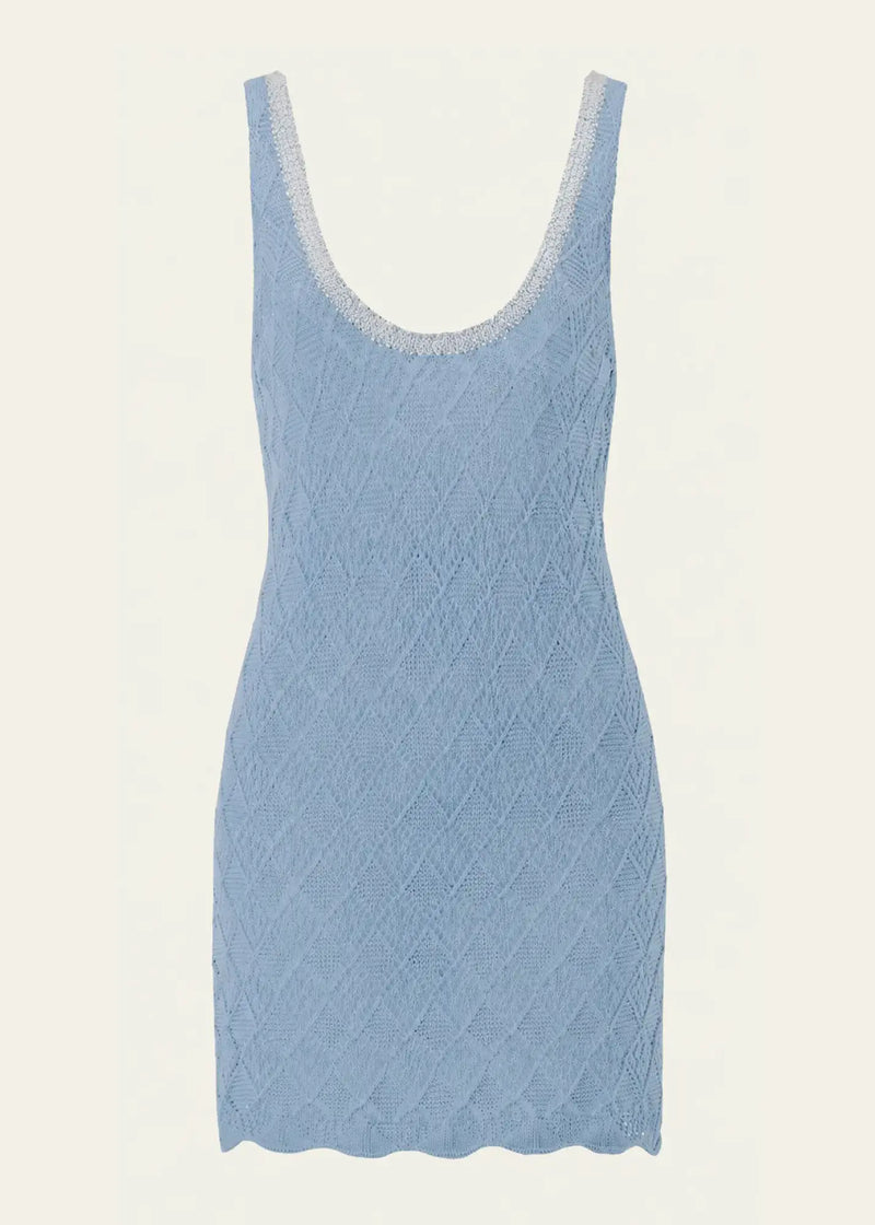 Luxury designer knit dress by Ondara crafted from premium cotton with an intricate geometric openwork knit, exquisite hand embroidery and a refined sleeveless silhouette.