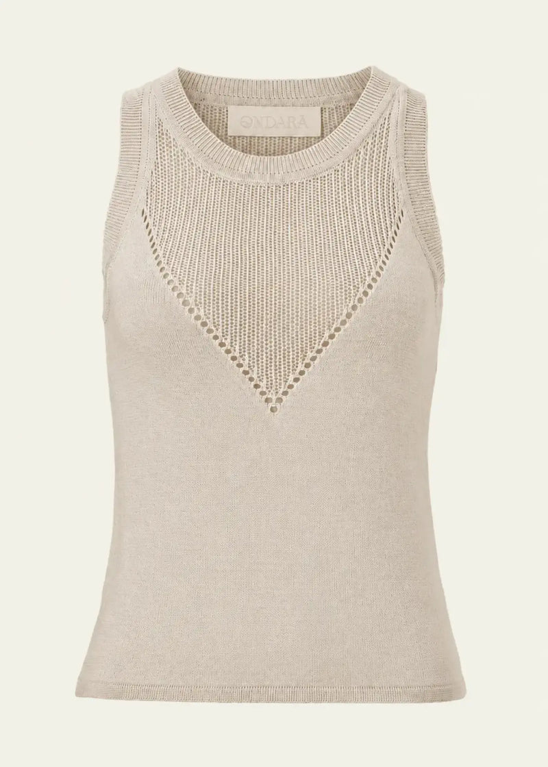 Luxury knitwear women by Ondara featuring a premium cotton knit tank top with elegant geometric openwork knit and timeless craftsmanship.