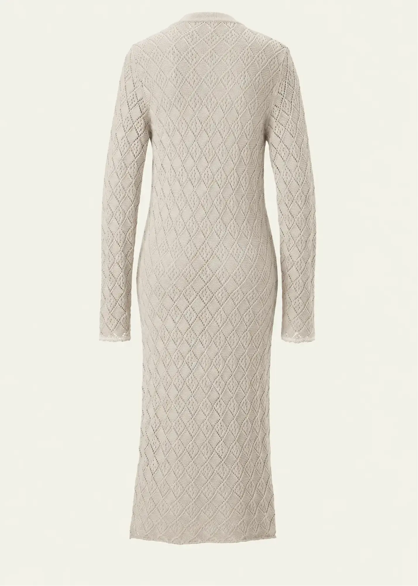 Back view of a luxury women's longline knit cardigan dress in fine cotton, featuring an intricate geometric openwork pattern, slim silhouette, full-length sleeves, and elegant artisanal craftsmanship in a soft ivory-beige shade.