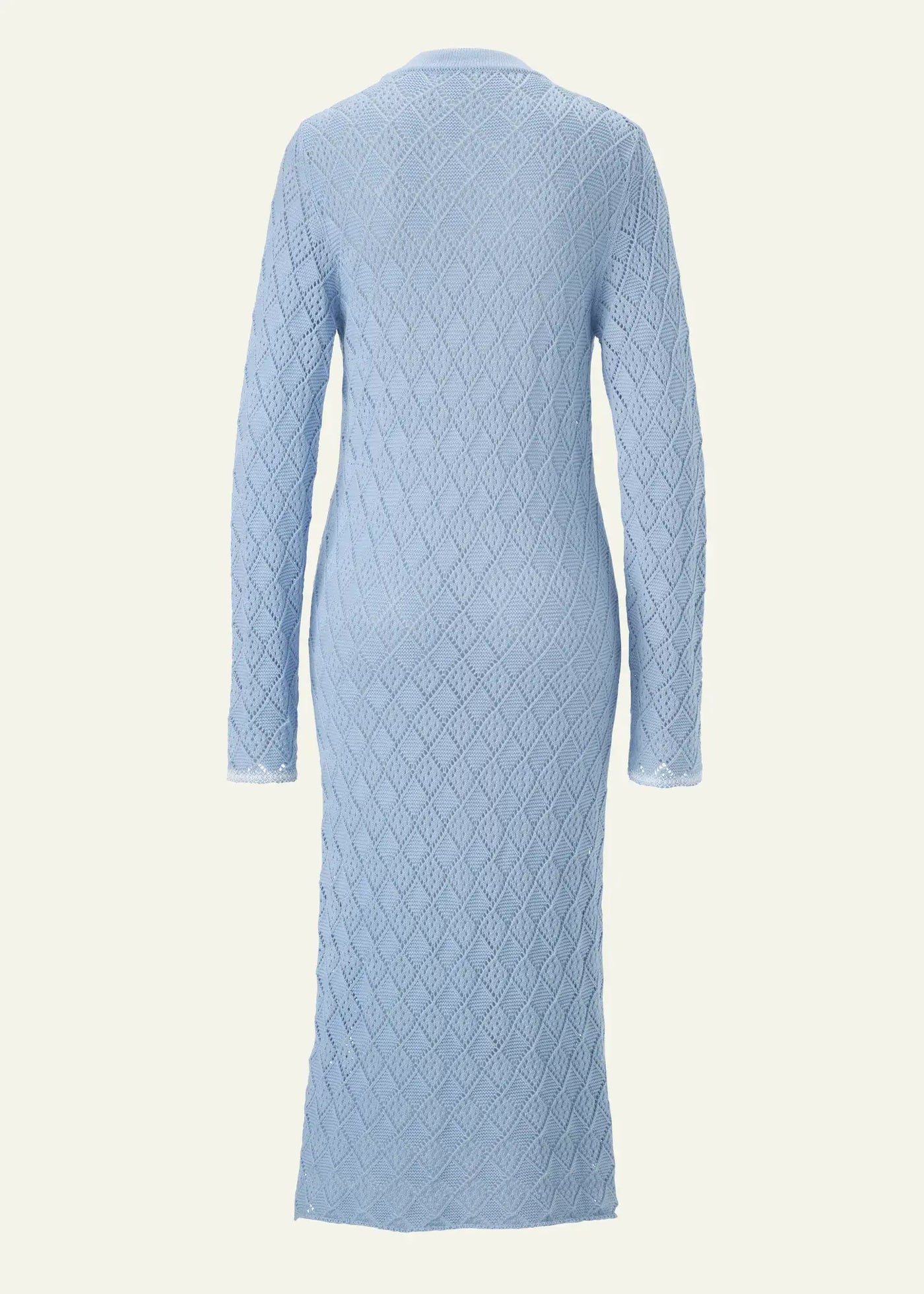 Back view of a luxury women's knit cardigan dress in soft sky blue, crafted from fine cotton with an intricate diamond-inspired openwork knit pattern, long sleeves, and a graceful full-length silhouette that highlights exceptional artisanal craftsmanship.
