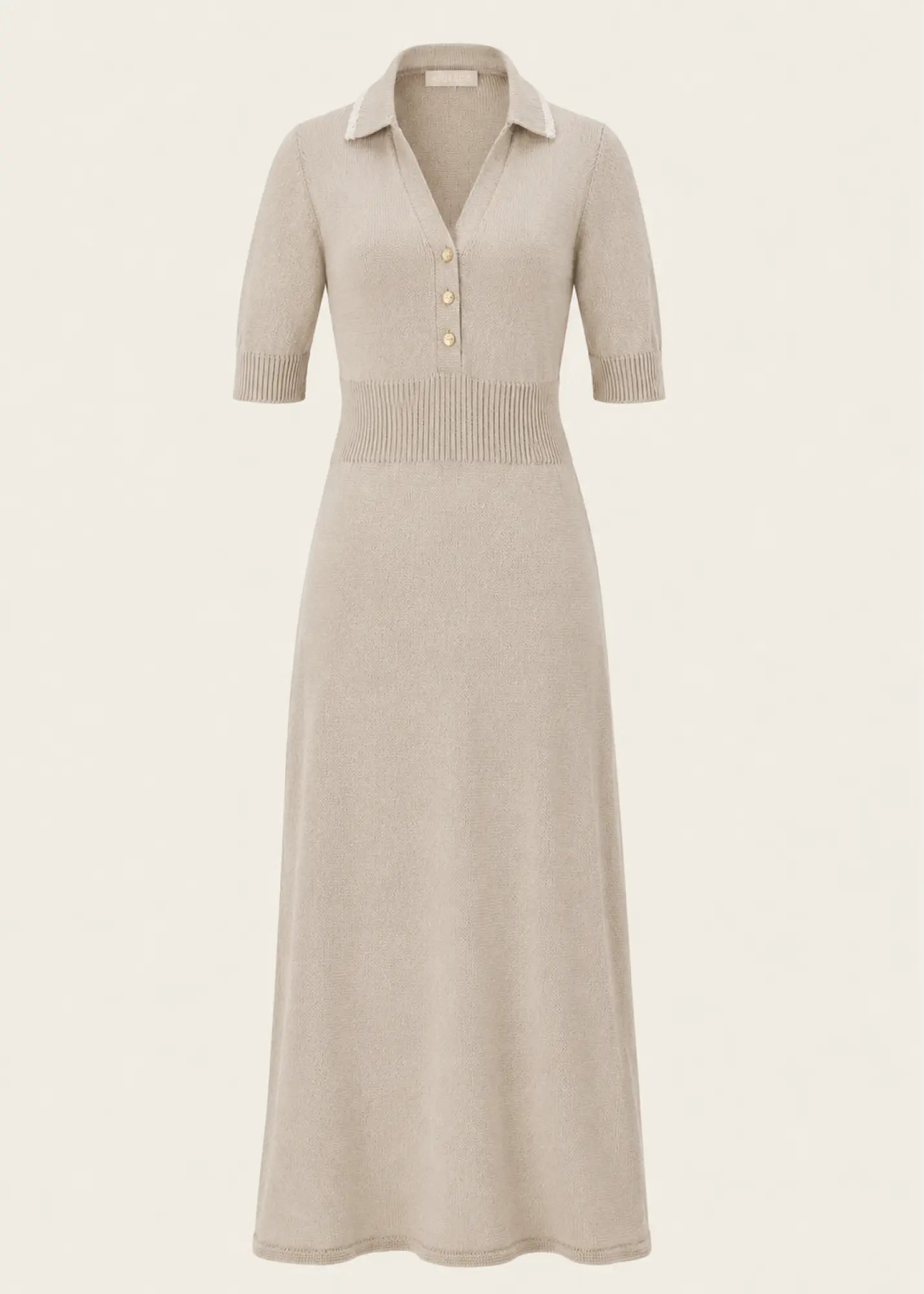 Designer knit dress by Ondara crafted from premium cotton with a refined polo collar, matte gold buttons and an elegant maxi silhouette.