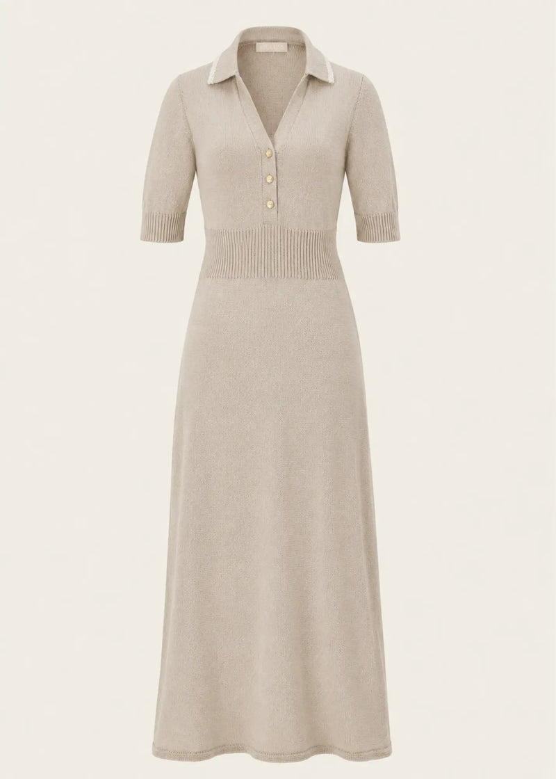 Designer knit dress by Ondara crafted from premium cotton with a refined polo collar, matte gold buttons and an elegant maxi silhouette.