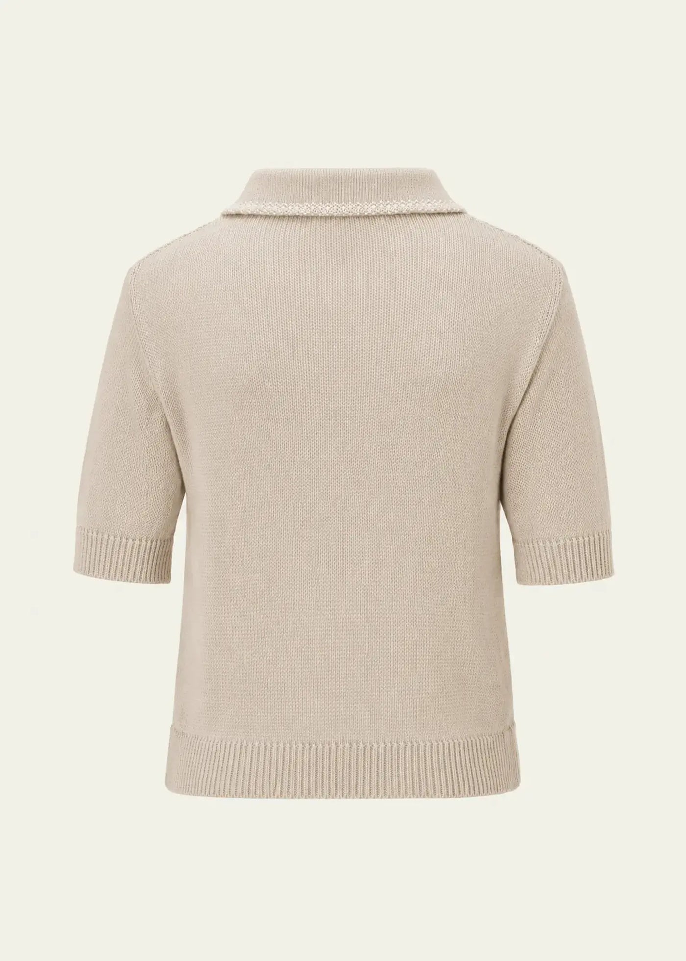 Back view of an luxury knit polo crafted from fine cotton in a soft sand-beige shade, featuring a clean silhouette and refined minimalist design.
